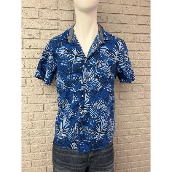 Nautica Men Blue Linen / Cotton Palm Print Short Sleeve Shirt Size L - Picture 1 of 7